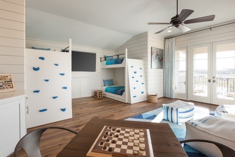 detská herňa rohový drevený stôl gauč biely tmavomodrá moderná rustikálna šachovnica