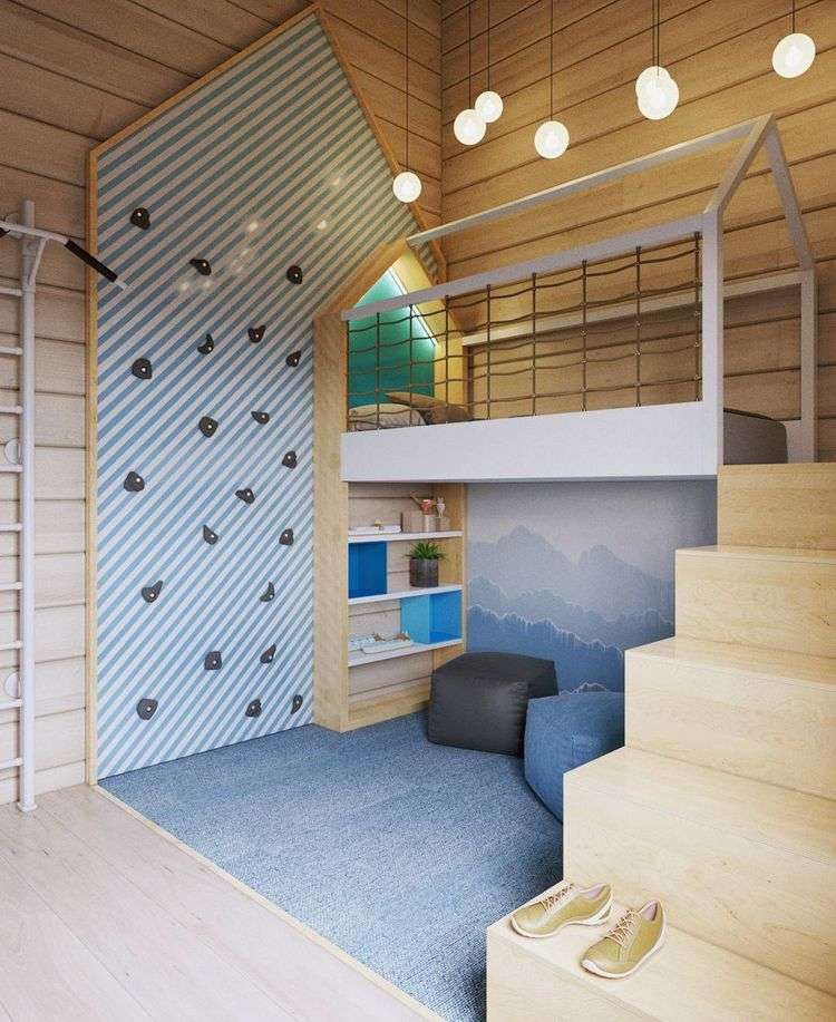 lezecká stena detská izba kutilská posteľ podkrovná posteľ drevené schody police závesná lampa