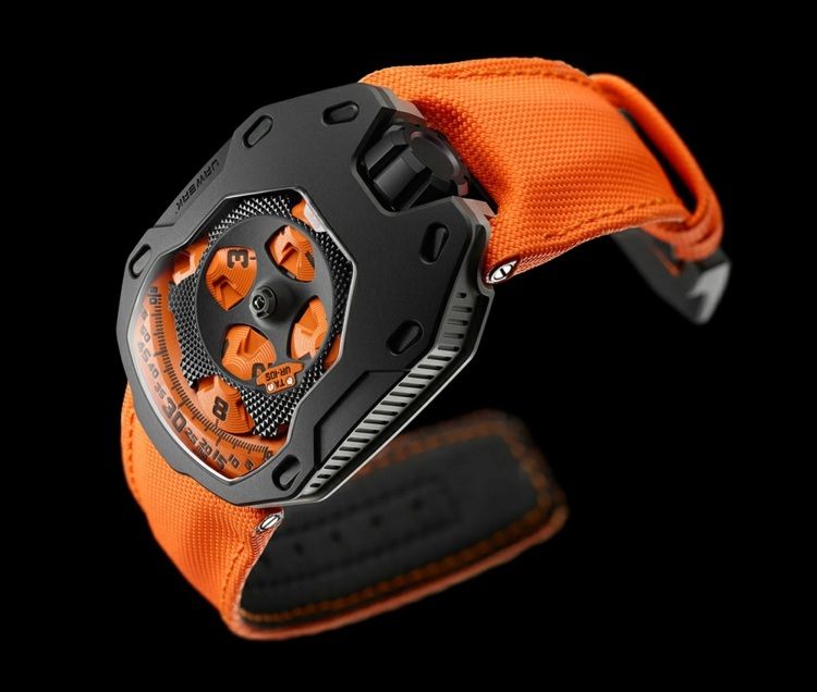 Hodinky Knight v oranžovej a čiernej oceli púzdro na hodinky oranžových rytierov oceľ čierne urwerk