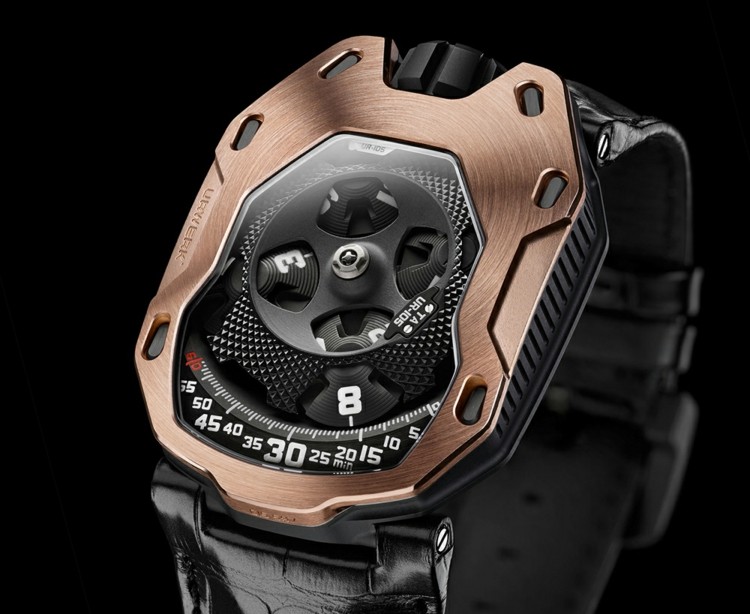 Hodinky s detailmi z ružového zlata a čiernym koženým remienkom Urwerk kolekcia modelov rytier ružové zlato satelitná hodina