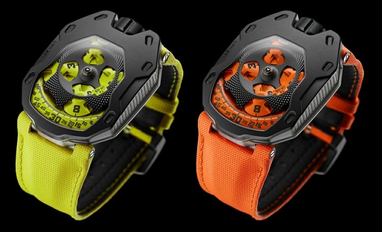 Okrem ocele sú hodinky Urwerk vyrobené aj z titánu rytierske hodiny urwerk oranžovo žltá satelitné hodinové bývanie