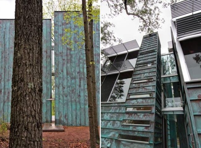 Sídlo Bruneel v skle s čelnou vrstvou z lesnej medi