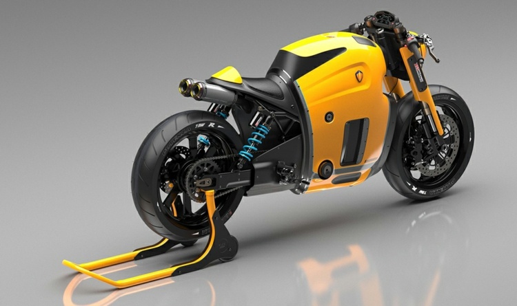 Motocykel Koenigsegg s krátkym zadným blatníkom a elegantným koženým sedadlom luxusný stojan na pneumatiky na motocykel žltý koenigsegg