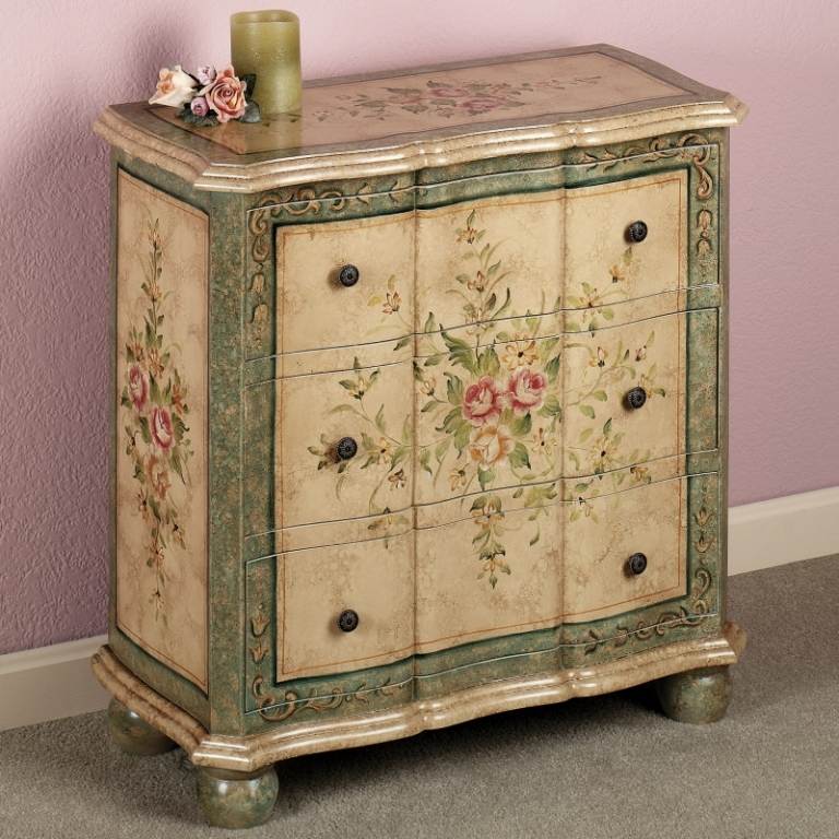 Komoda mramorového vzhľadu zdobená technikou obrúčky Dresser Shabby Chic Kvetinové motívy Nápady na dizajn