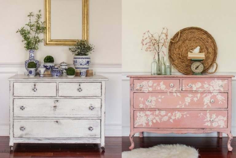 Simulujte starú patinu a namaľujte prírodné motívy pomocou šablóny Dresser-Shabby-Chic-do-it-yourself-dve variácie