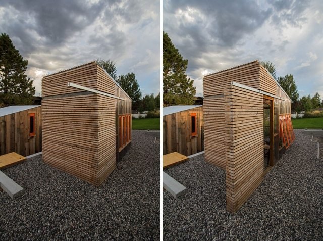 Drevená záhradná chatka vybavená nápadmi na dizajn posuvných dverí Záhradný prístrešok-vybavený dreveným lamelovým obkladom s posuvnými dverami