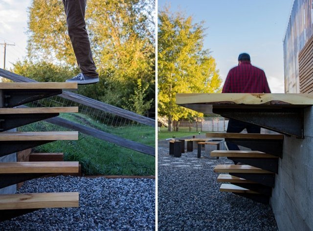 záhradný prístrešok schody-drevené schody-návrh štrkovej cesty-krytie-nápady záhradný domček, drevené schody, povrch štrkovej cesty