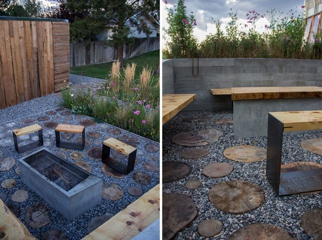 záhradný dizajn-sedacia časť nášľapné kamene-kladenie dreva návrh-sedacia časť nášľapné kamene-pokládka dreveného záhradného dizajnu