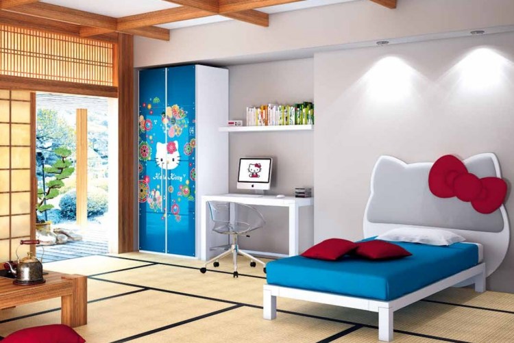 dievčenská izba-dizajn-nápady-témy-Hello-Kitty-posteľ-biela-modrá-dekorácia