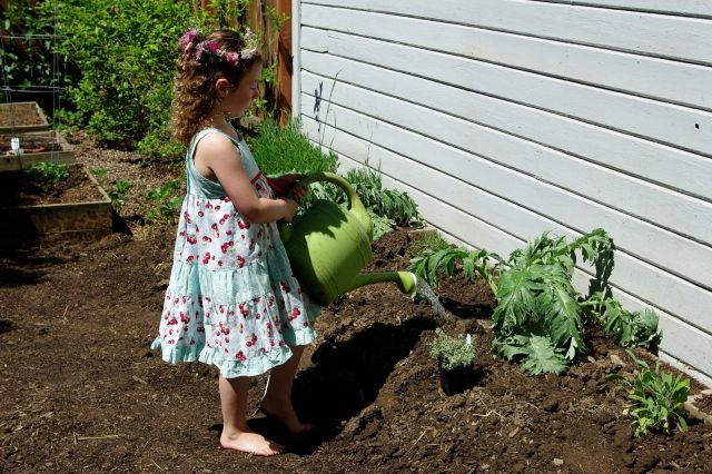 Dievčatko pomáha so záhradníctvom dievčatko-voda-kvety-leto