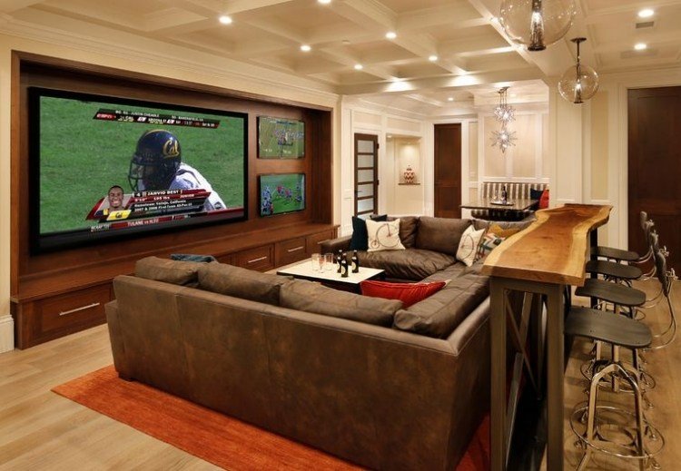 veľká pohovka čalúnená kožou a konzolový stôl so stoličkami konzola-stol-za-sedaciou-pohovkou-myslienky-tv-koza-gauč-taburetka-osvetlenie-vankúše