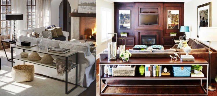 Nápady na zariadenie s konzolovým stolom pre viac úložného priestoru Konzola-stôl-za-pohovkou-nábytok-nápady-drevo-kov-knihy-police-úložný priestor