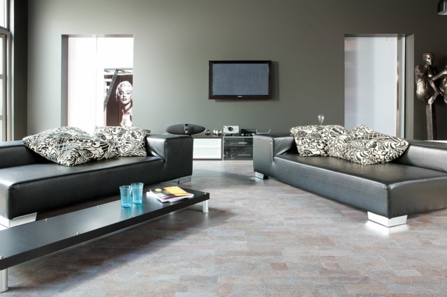 Pokladanie korkovej podlahy obývacia izba nápady neutrálne farby Obývacia izba nápady na bývanie kožené sedacie súpravy v neutrálnych farbách