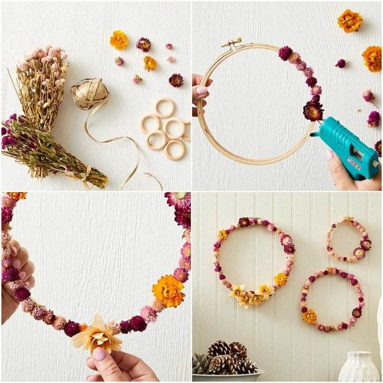 Suché vence vyrobené z večných kvetov a vyšívacieho prstenca z dreva