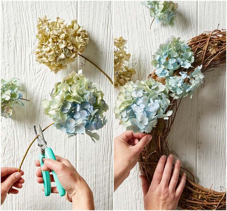 Veniec zo sušených hortenzií a vínnej révy
