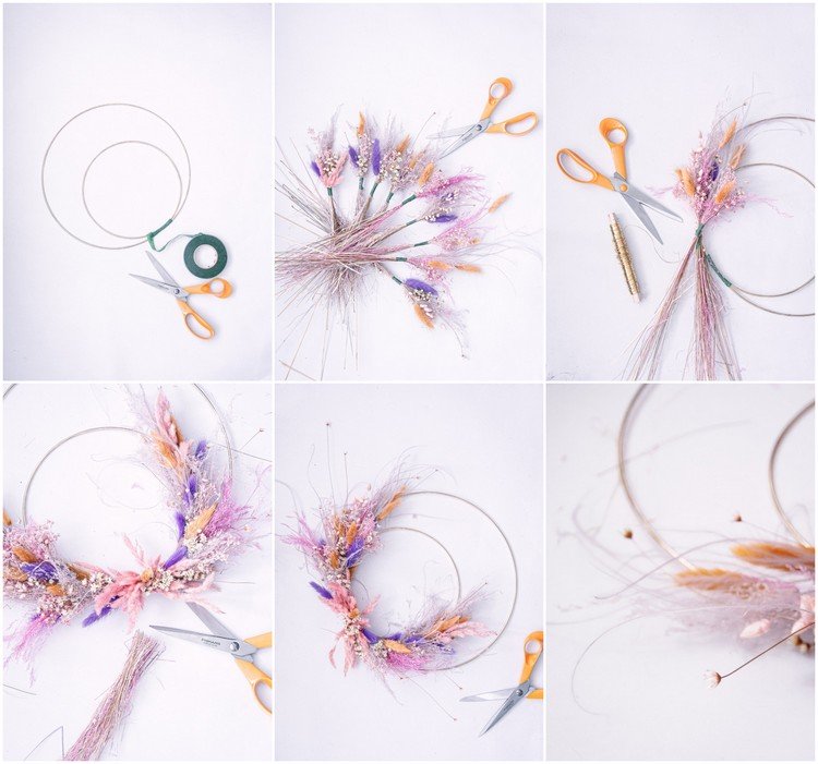 Veniec zo sušených kvetov Lagurus v ružovej, fialovej a oranžovej farbe