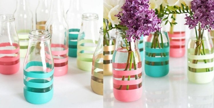 domáce dekorácie-nápady-urob si sám-málo peňazí-fľaše na kutilstvo-pastelové-farby-zdobenie