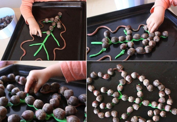 Pekný nápad na remeslo pre malé deti s prírodnými materiálmi a plastelínou