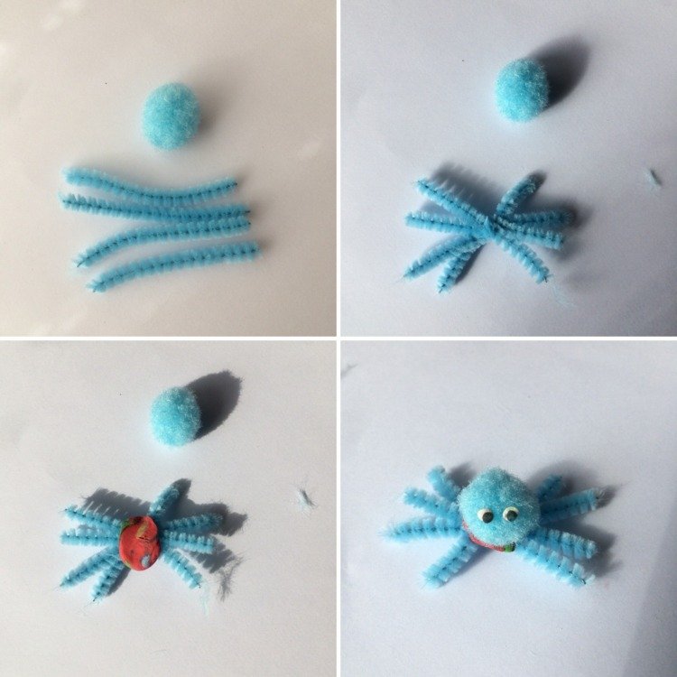 Guľa z plastelíny s čističmi rúrok a pomponmi ozdobená pre pavúka