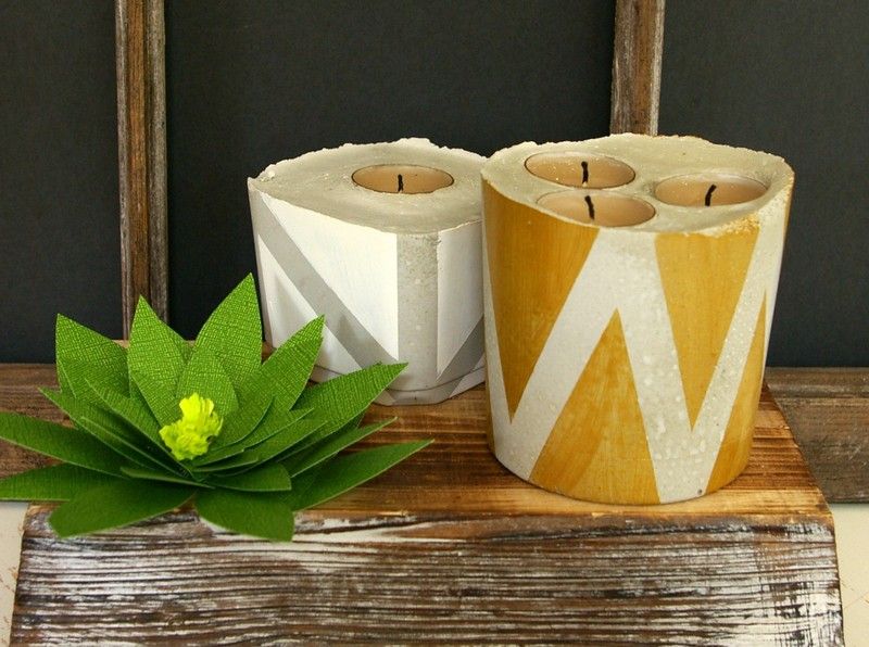 Betónový svietnik s pruhmi a cik-cakovými vzormi Vlastné dekorácie nápady na betónový držiak sviečky