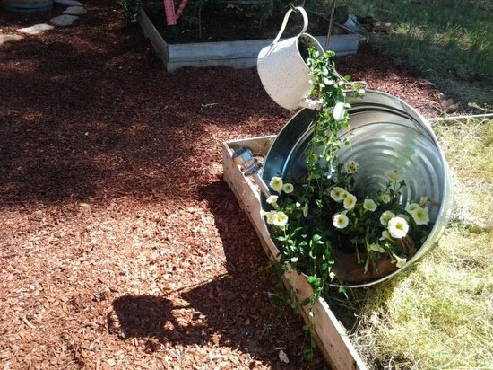nápad na záhradu kvety rastliny ilúzia čajník vysypať kovové vedro