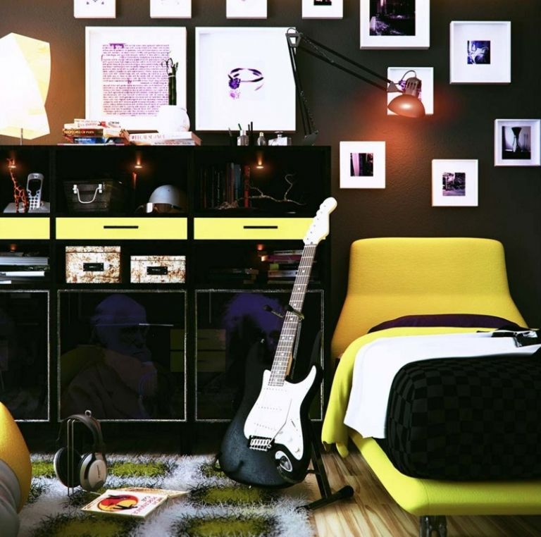 Nápad s dizajnom čiernej steny a žltými akcentmi nápady pre mladosť izba chlapci tmavá budova budovy žltý prízvuk moderný