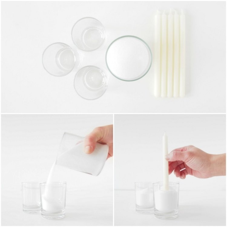 namiesto držiakov na sviečky - naplňte pohár kryštálovým cukrom alebo soľou a vložte sviečky dekorácia stolu-vianočné-urob-si-svoj-večierok-dekorácia-sviečky-poháre-biela-výplň-kreatívne