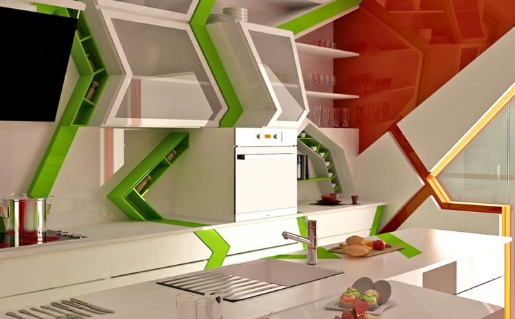 kreatívne krásne nápady do kuchyne abstraktný tvar police zelená oranžová biela moderná