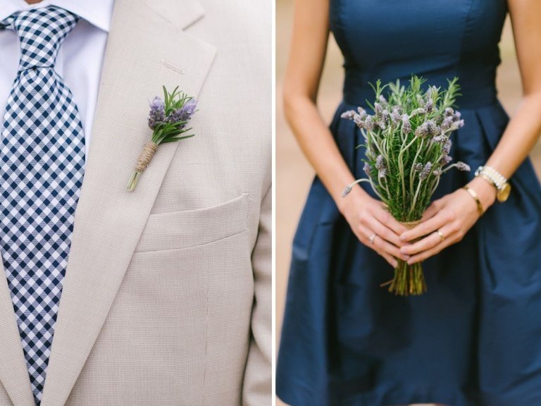 Byliny ako dekoratívna levanduľová svadobná kytica butonniere