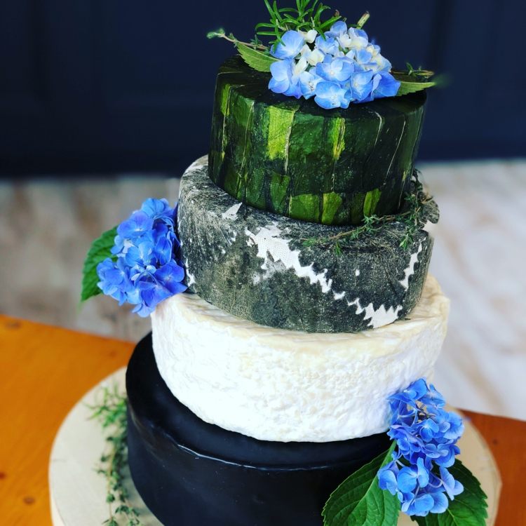 Moderný syrový koláč v zelenej a modrej farbe