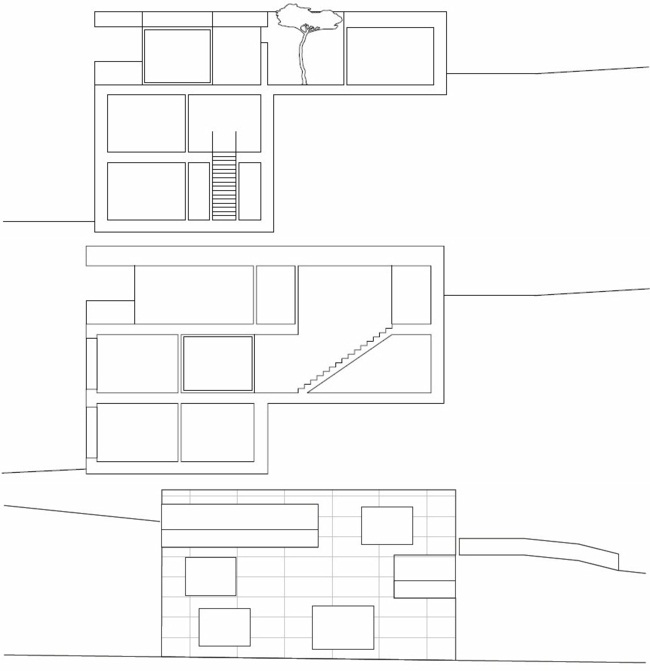 Rodinný dom, moderný architektonický štýl, stavba na svahu Stavebný štýl svahu budova plán miestnosti rozdelenie