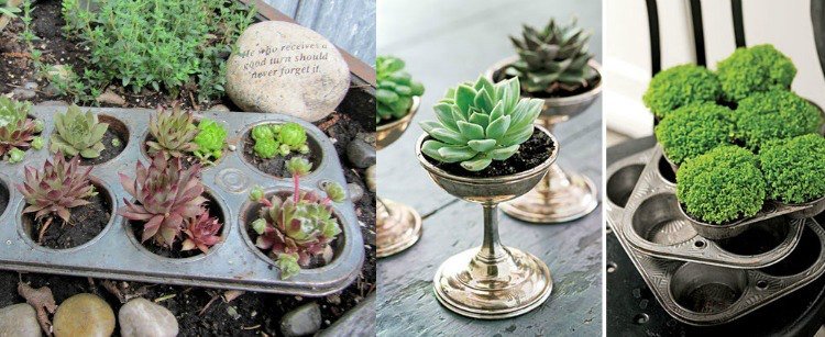 roztomilá záhradná dekorácia vyrobená zo starých tortových foriem forma na pečenie koláčov-výsadba-formy na tortu-záhradná dekorácia-sukulenty-malé-kreatívne
