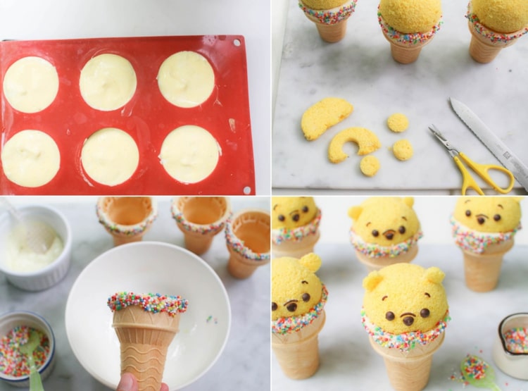 Koláč vo vaflovom pohári na tematický dezert - Medvedík Pú s posýpkou