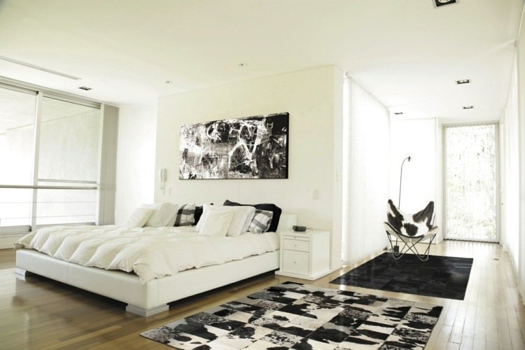 Myšlienka koberca v monochromatických farbách hovädzia koža-koberec-minimalistická-spálňa-moderná-čierno-biela-monochromatická-patchwork