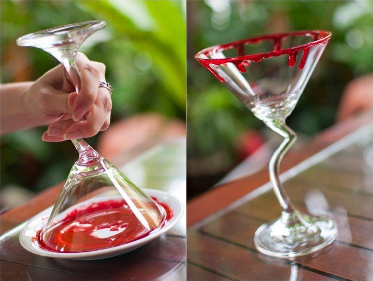 Medové a červené potravinárske farbivo - dekoračné tégliky na Halloween Recept-na-fake-krv-recept-jedly-med-martini-skleneny-okraj-halloween-party