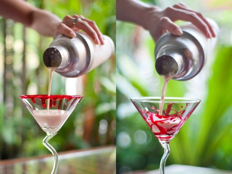 Ozdobte okraj martiniho skla falošnou krvou Make-it-yourself-falošná krv-martiniglas-ráfik-ozdoba-párty-nápoj-recept