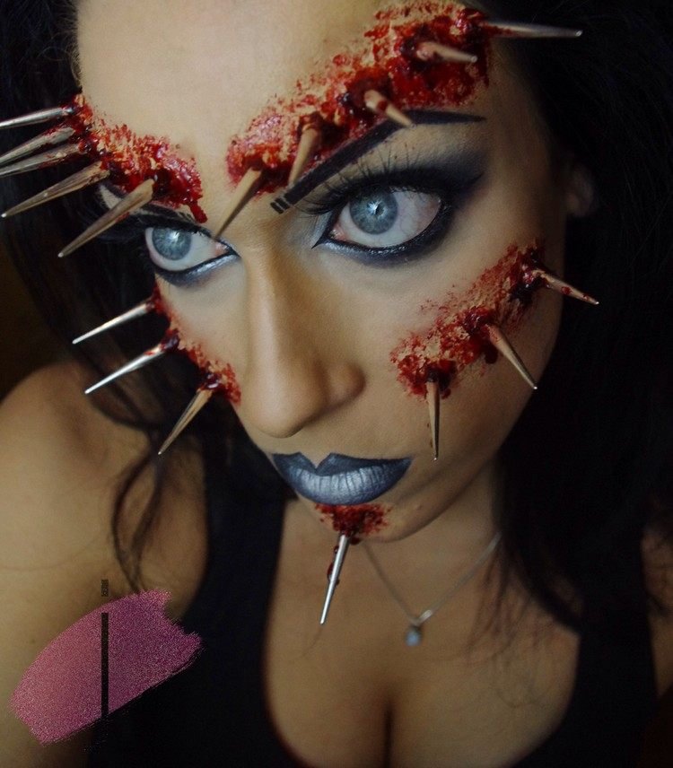 Halloweenske líčenie s kovovými hrotmi a falošnou krvou falošná krv-urob si sám-make-up-hroty-líca-obočie