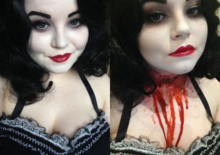 Halloween make-up-líčenie na rane na krku falošná krv-urob si sám-make-up-krk-rana-bledá-tvár
