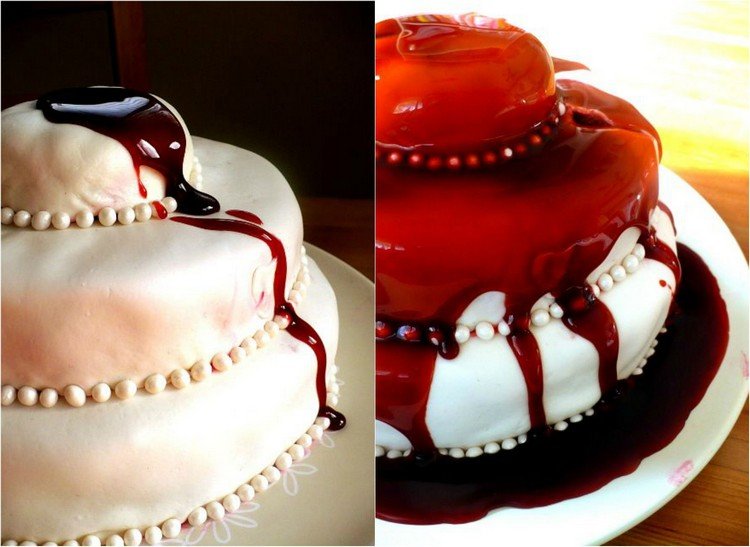 Halloweenská torta s bielym fondantom a falošnou krvou Make-it-yourself-falošná krv-halloween-dezert-koláč-biely-fondán
