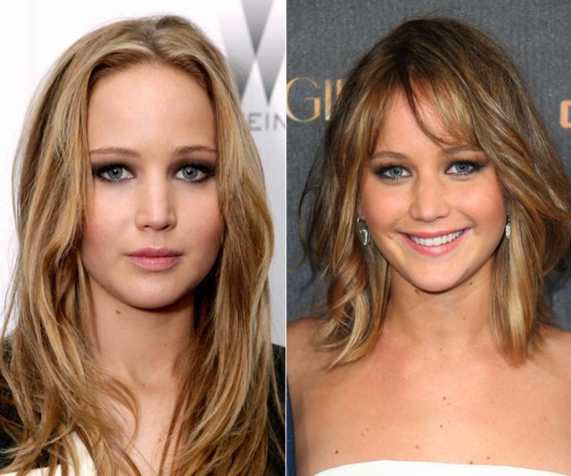 krátky zostrih Jennifer Lawrence tmavé blond vlasy Vodopád-vlasy-dlhé-krátke-zrážky-ofina
