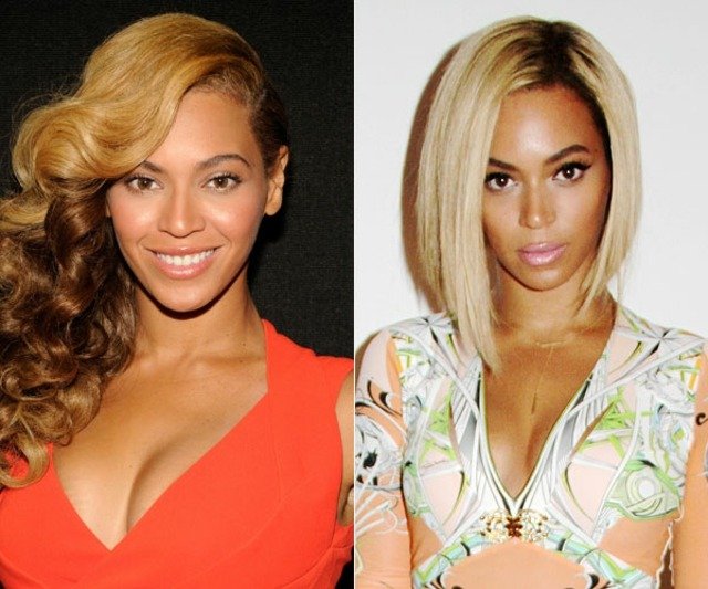 Beyoncé rovná línia svetlých blond vlasov Krátke vlasy Beyoncé červené šaty