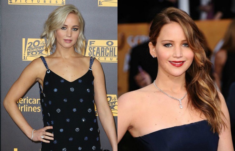 Krátke účesy pre ženy - Jennifer Lawrence 2013 s dlhými hnedými vlasmi krátke účesy-ženy-hviezdy-pred-po-Jennifer-Lawrence
