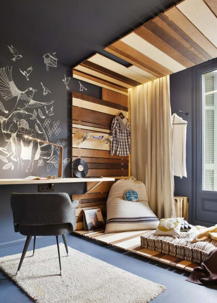 útulný rohový-detská izba-moderný-sivá-stena-farba-písací stôl-drevo