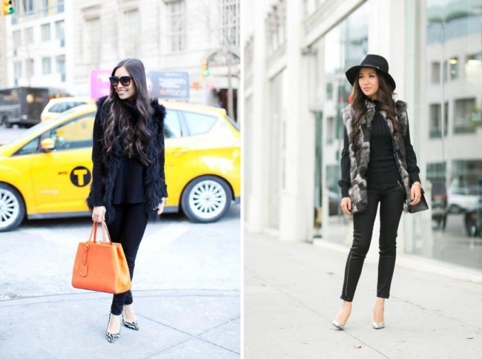 Vesta z umelej kožušiny-nápady-elegantné-topánky-so špičatými prednými časťami-vysoké podpätky