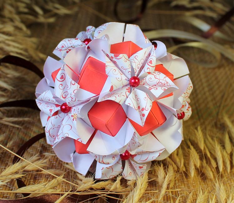 Kusudama Origami Flores de Amizade oranžová biela