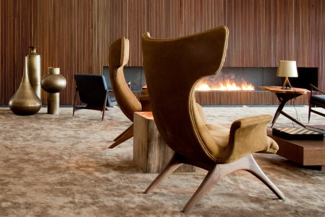 l a vinice interiérový dizajn lobby krémový koberec kreslo krb