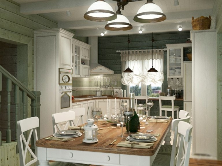 Kuchyňa a jedálenský kút v rovnakom štýle kuchyňa vo vidieckom štýle, malý tvar U, biely jedálenský stôl, zelené schody