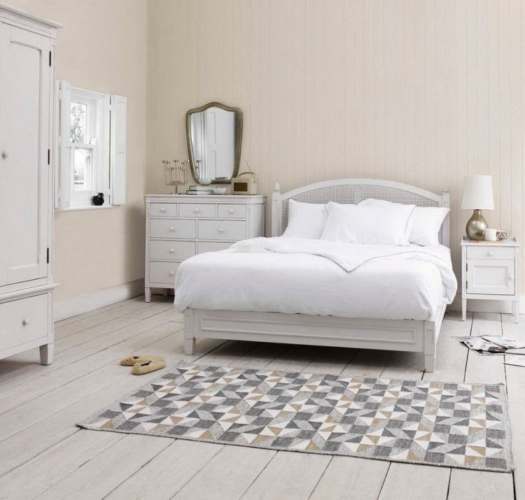 country-style-bedroom-white-ideas-bed-carpet-geometric-pattern-floor-board-whitened