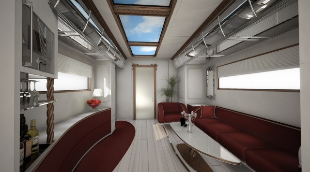 Interiér obytného auta, hi-tech výbava, exkluzivita, extravagancia Interiérový dizajn obytného auta, exkluzívna špičková výbava, extravagancia, vyklopená strecha