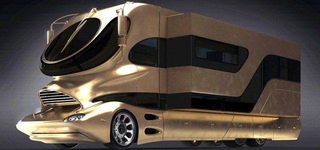 Futuristický dizajn vozidiel-obytný automobil eleMMent-Palazzo so zlatým efektom Futuristický dizajn vozidla-táborník eleMMent-Palazzo so zlatým efektom